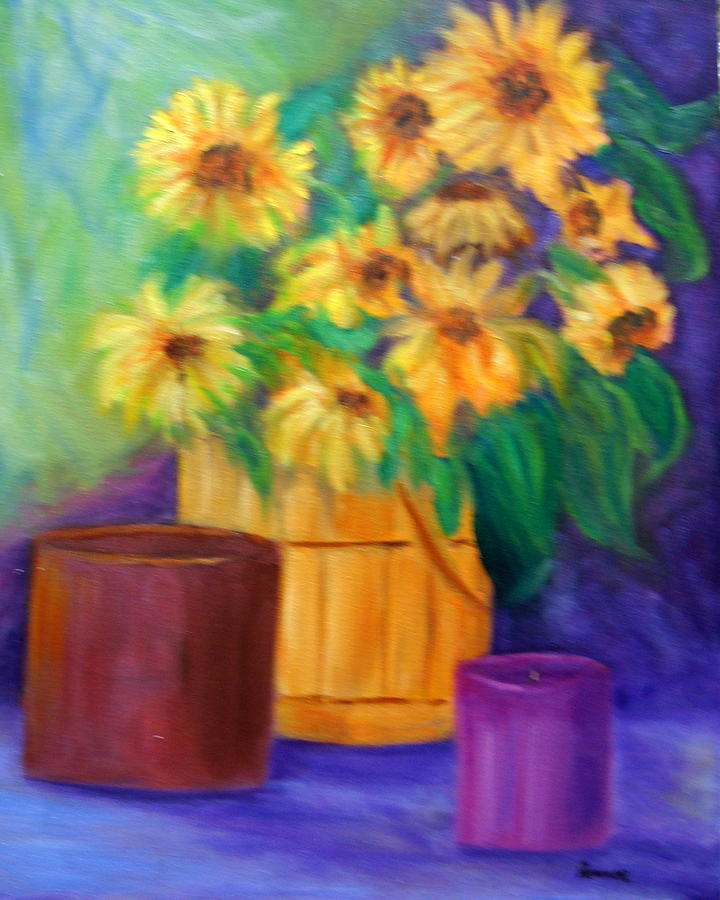 Bucket of Sunflowers Painting by Sandy Hemmer