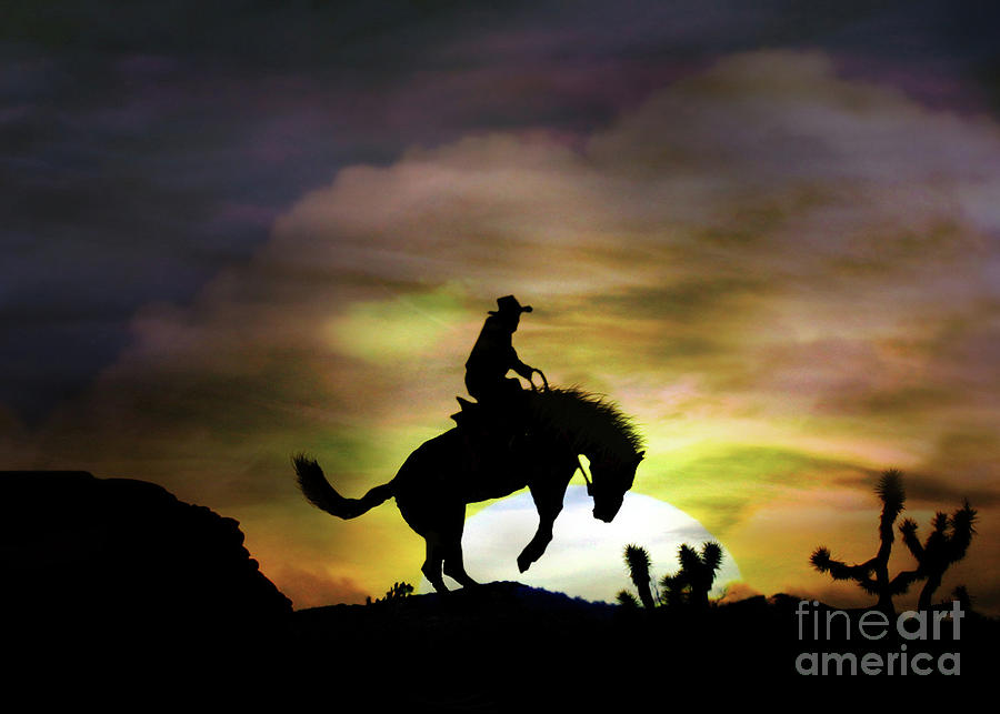 Bucking Horse and Cowboy in Southwestern Sunset Photograph by Stephanie Laird
