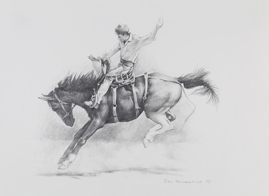 Bucking Horse Drawing by Jon Falkenmire