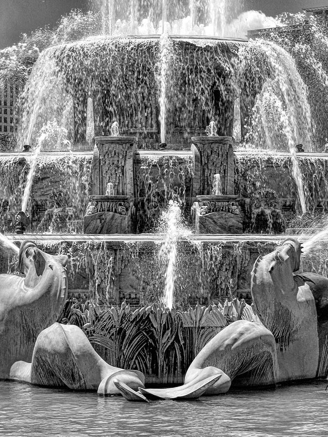 Buckingham Fountain Closeup Black and White Photograph by Christopher Arndt