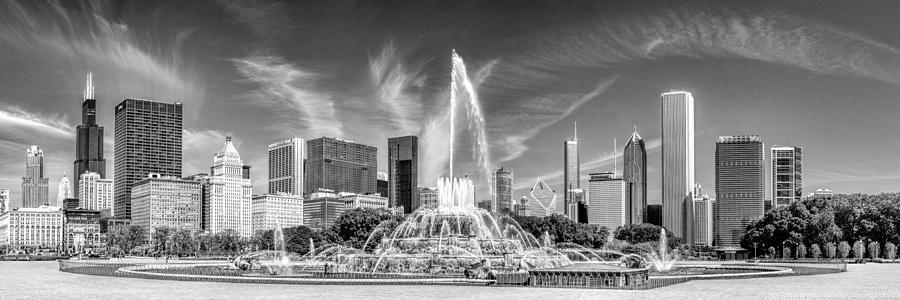 Buckingham Fountain Skyline Panorama Black and White Photograph by Christopher Arndt