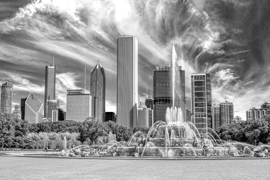 Buckingham Fountain Skyscrapers Black and White Photograph by Christopher Arndt
