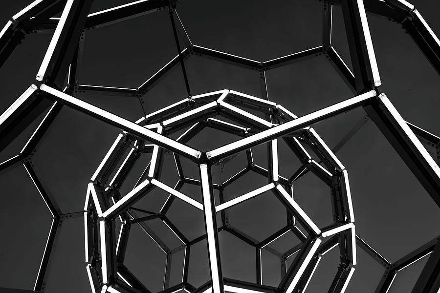 Buckey Ball Tubes of Light - Black and White Photograph by Gregory Ballos