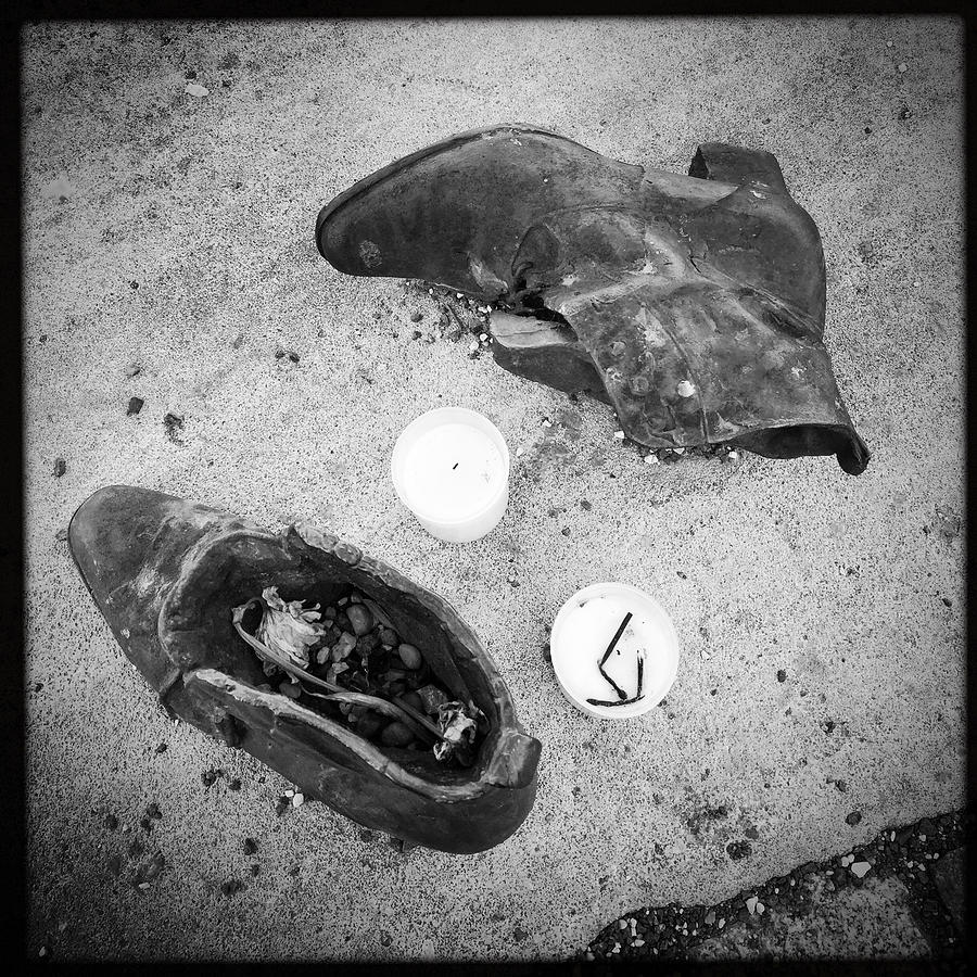 Black And White Photograph - Budapest Shoes memorial Danube bank by Matthias Hauser