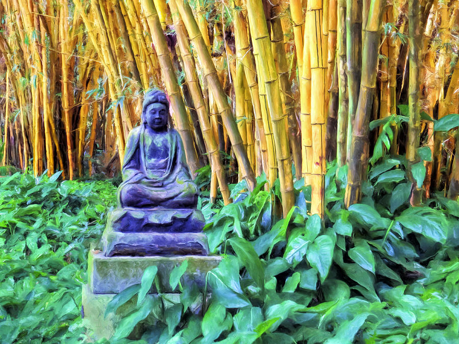 Buddha and Bamboo at Allerton Garden Kauai Painting by Dominic Piperata