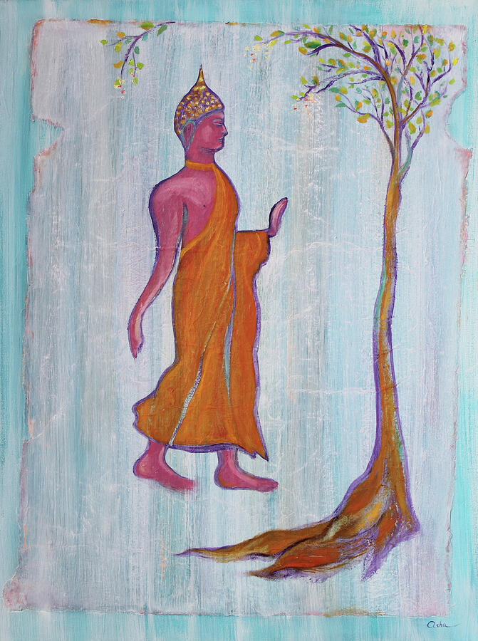 Walking Buddha and the Raintree Painting by Asha Carolyn Young