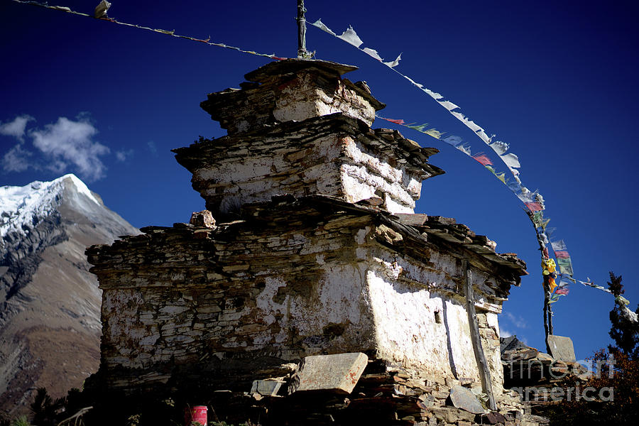 Buddhist gompa and prayer flags in the Himalaya range, Annapurna region, Nepal Photograph by Raimond Klavins