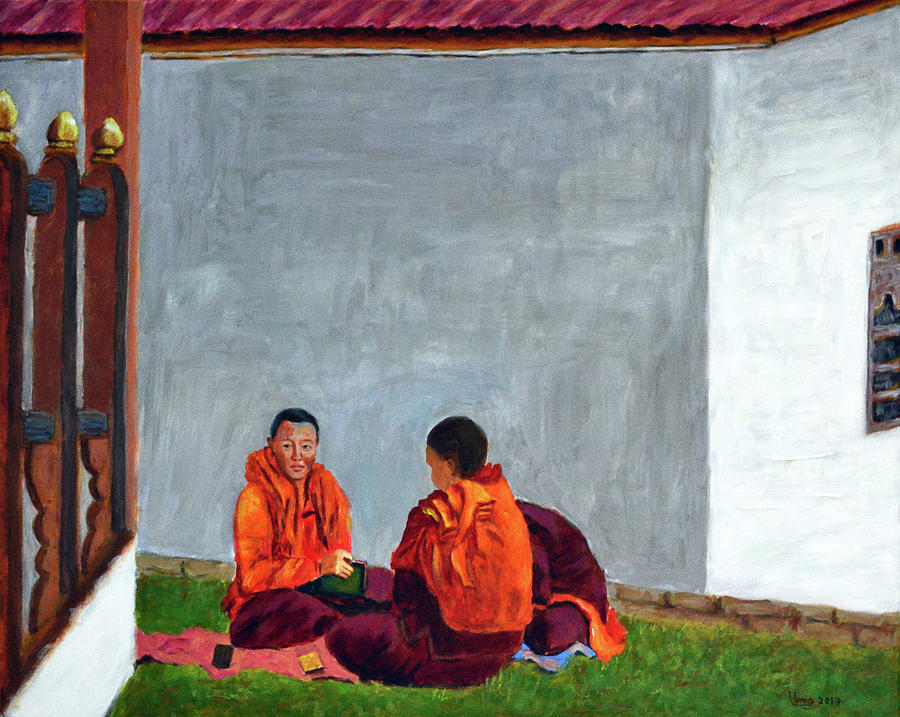 Buddhist Nuns in the making Painting by Uma Krishnamoorthy