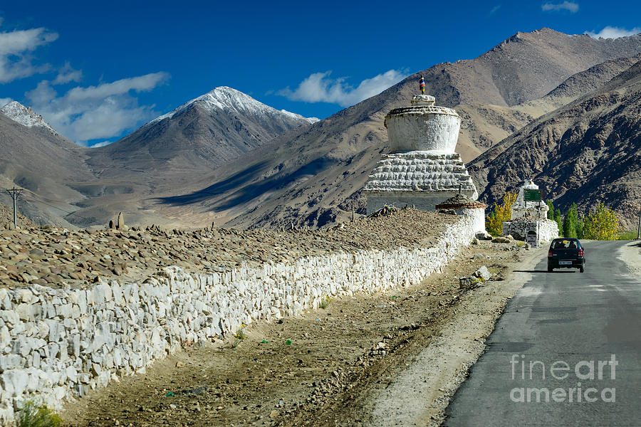 Mountain Photograph - Buddist Stupa and snow mountains of Leh Ladakh Jammu and Kashmir India by Rudra Narayan  Mitra