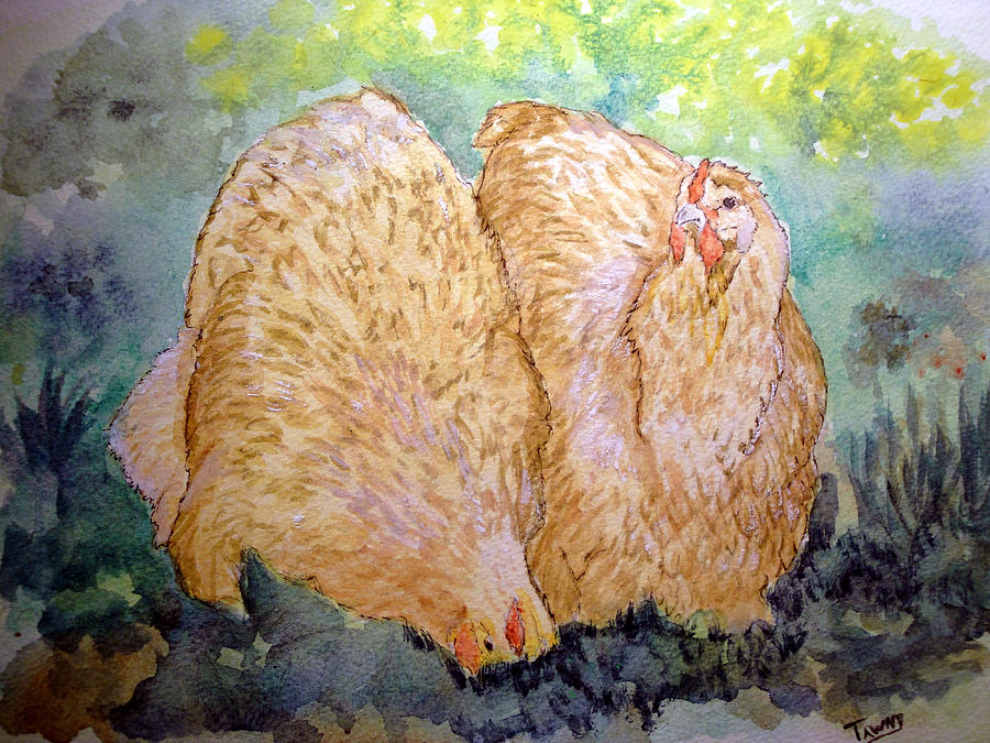 Buff Orpington hens in the garden Painting by Susan Baker