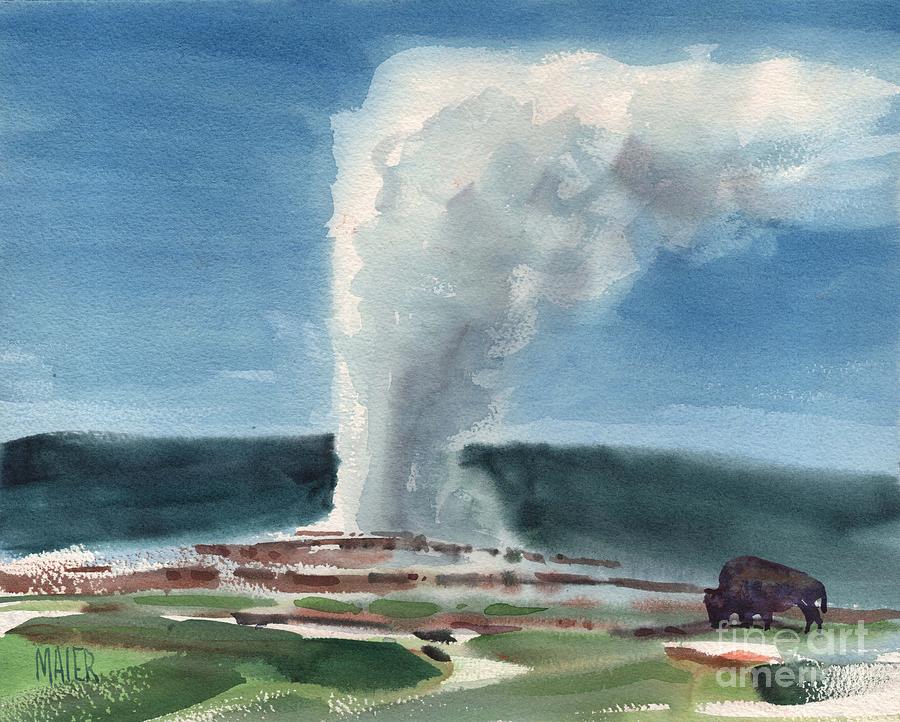 Buffalo and Geyser Painting by Donald Maier