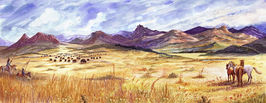Buffalo Hunt Panorama Painting by Marilyn Smith