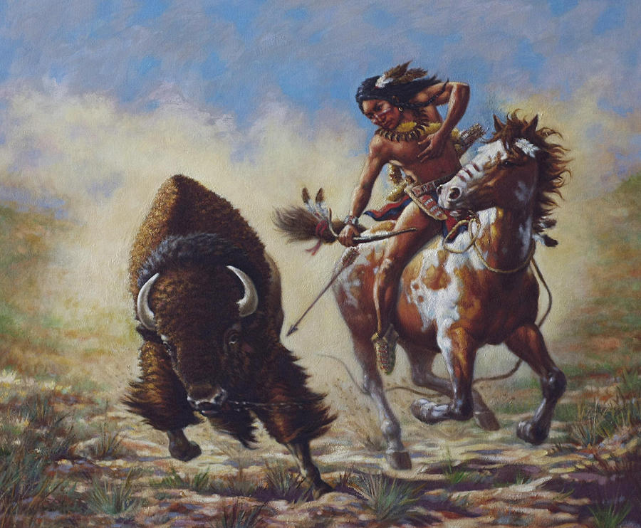 A Native American Hunting Buffalo Canvas Prints Wall Art