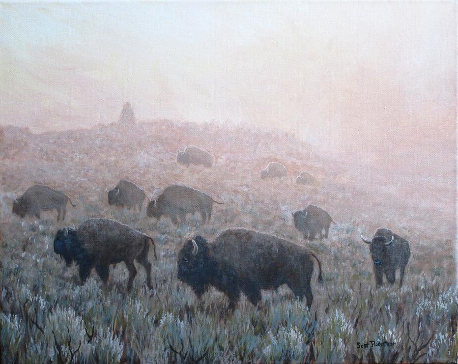 Bison Painting - Buffalo in Yellowstone Fog by Scott Robertson