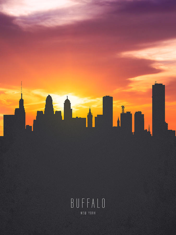 Motley fiktiv Forbipasserende Buffalo New York Sunset Skyline 01 Painting by Aged Pixel