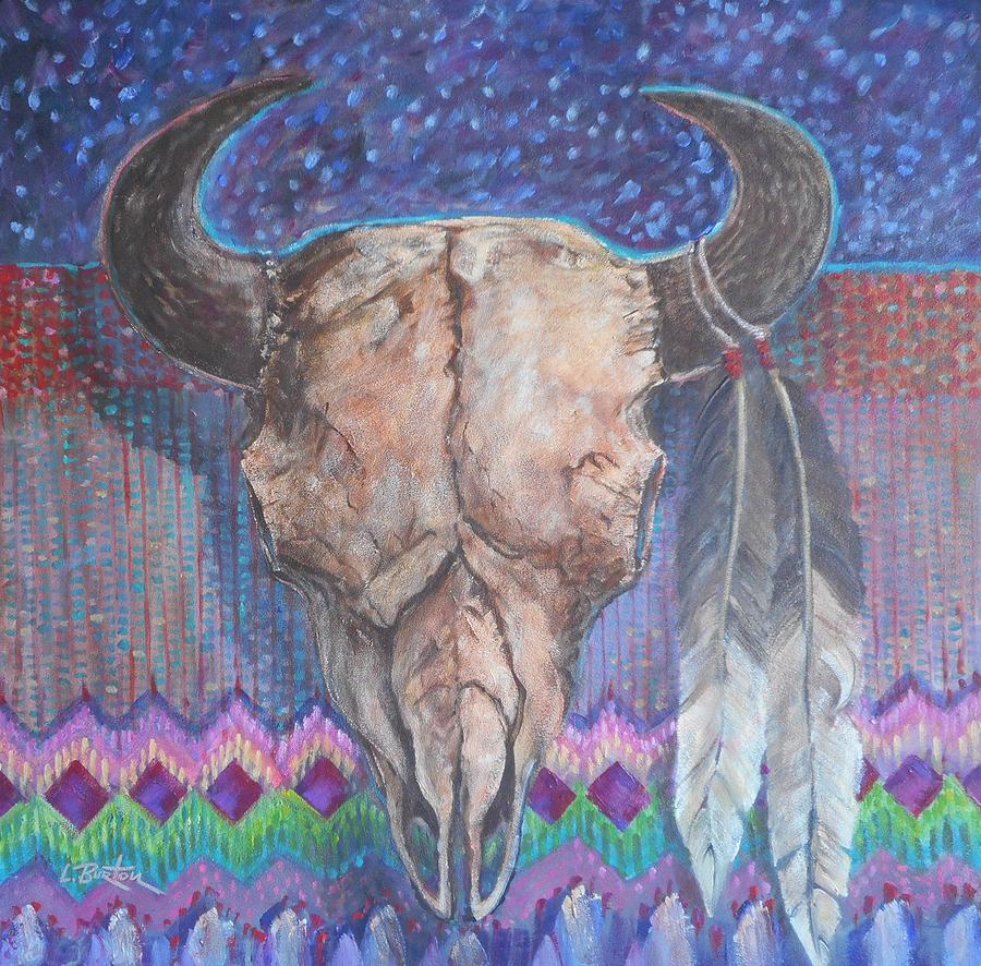 Buffalo Skull with Feathers Painting by Lynn Burton | Fine Art America