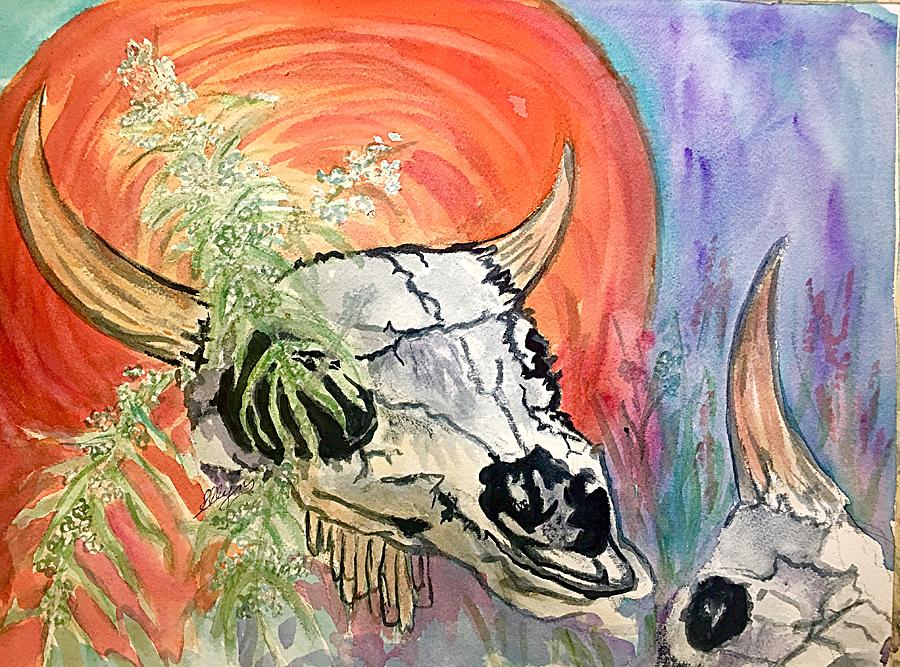 Buffalo Skulls and Prairie Sage Painting by Ellen Levinson