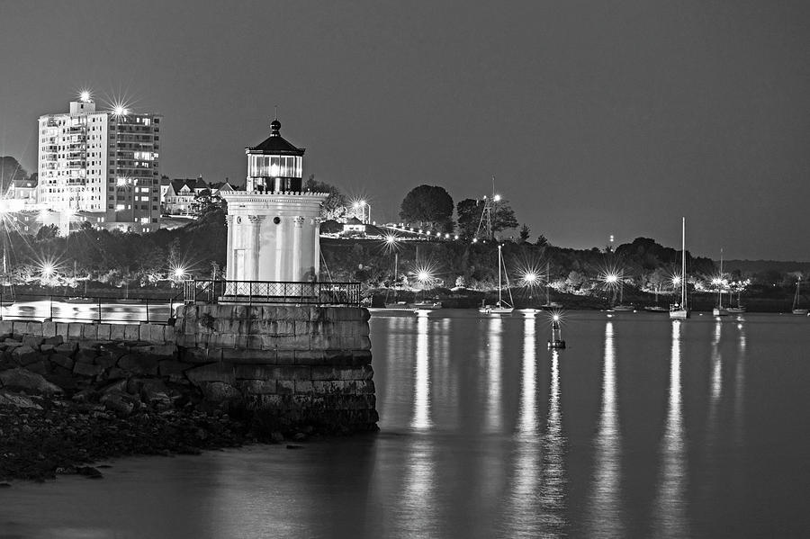 Bug Light at Night Bug Light Park Portland Maine Black and White Photograph by Toby McGuire