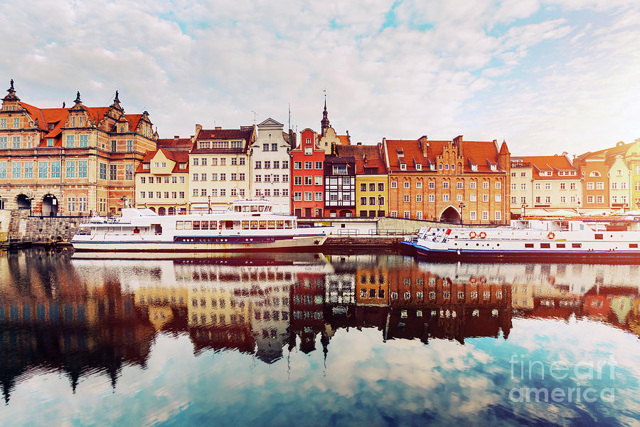 Architecture Photograph - Building facades of Old Town in Gdansk and Motlawa river. by Michal Bednarek