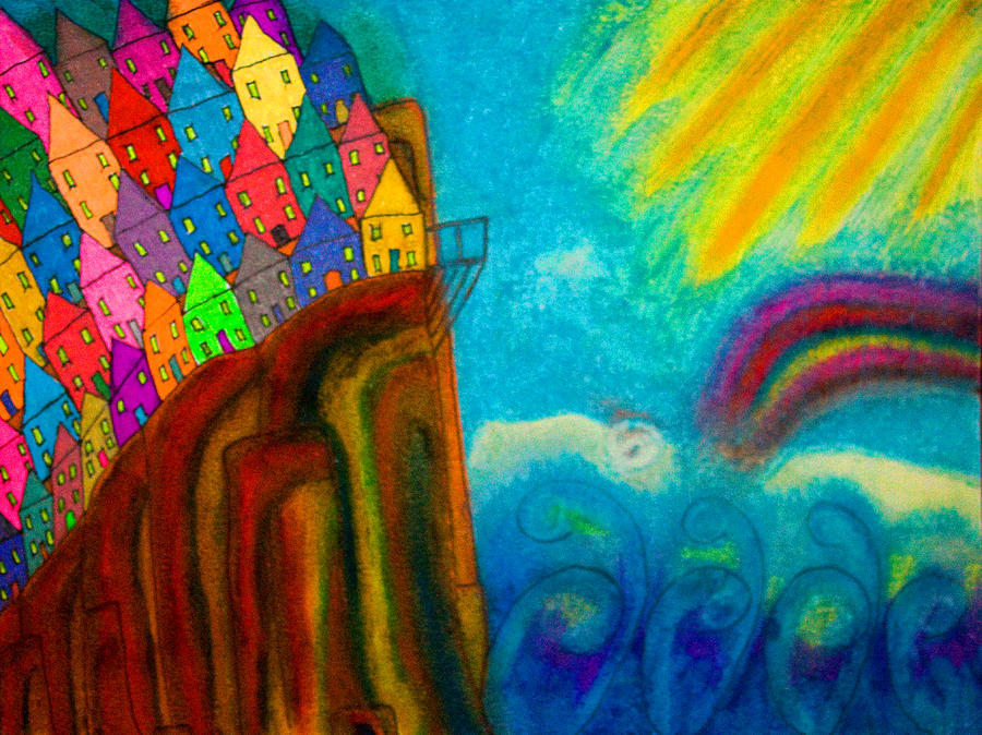 Buildings On A Cliff - Abstract - Crowded Edge Painting by Marie Jamieson