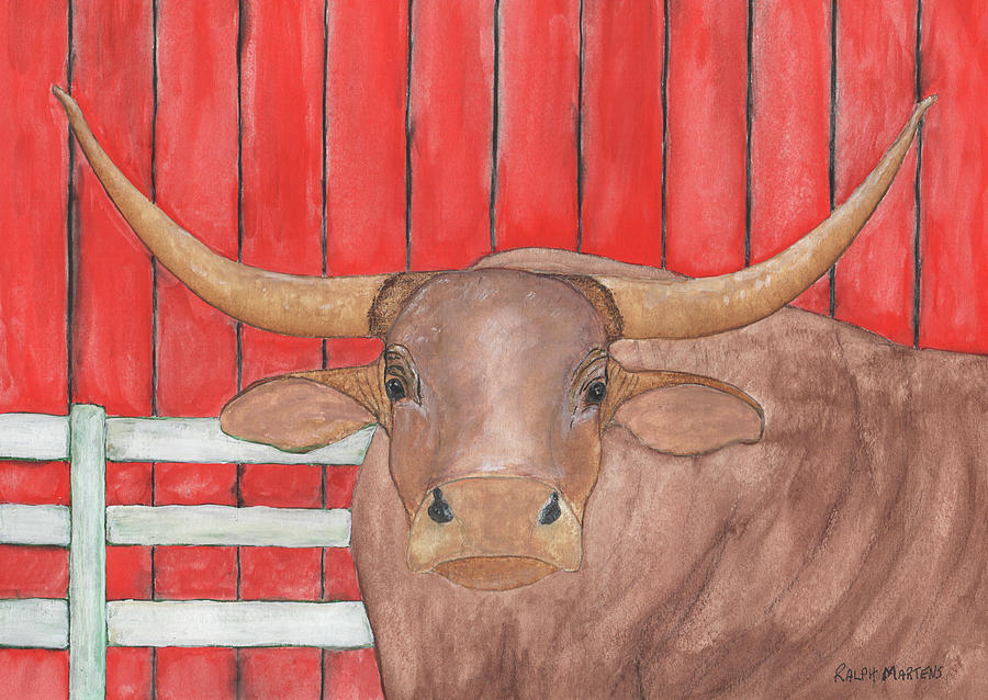 Bull By The Barn Painting