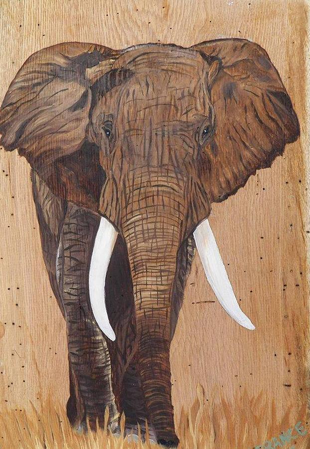 Bull Elephant On Wood. Painting