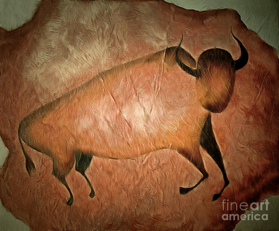 Bull like cave painting - primitive art Mixed Media by Michal Boubin