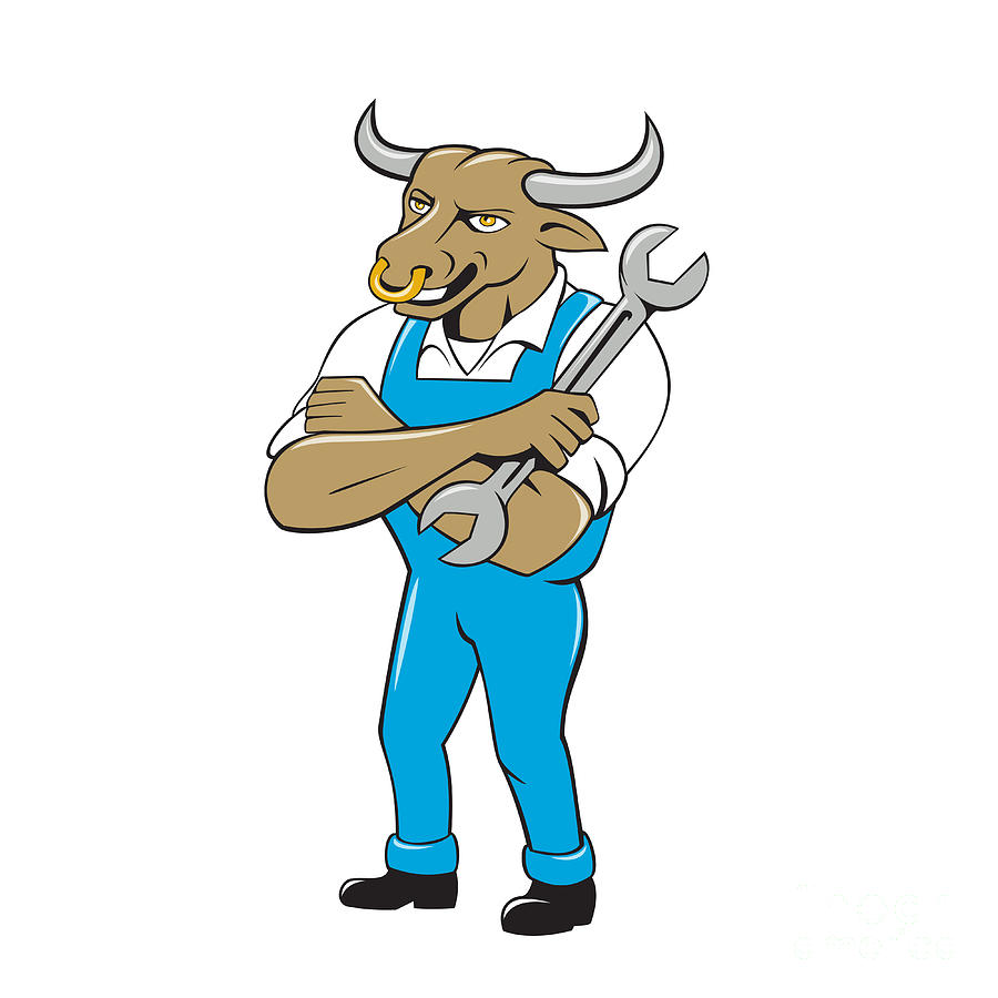 Bull Mechanic Spanner Standing Cartoon Digital Art by Aloysius Patrimonio