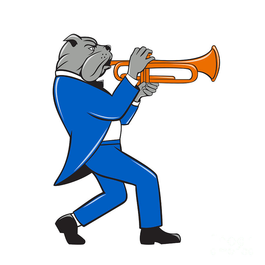 Wildlife Digital Art - Bulldog Blowing Trumpet Side View Cartoon by Aloysius Patrimonio
