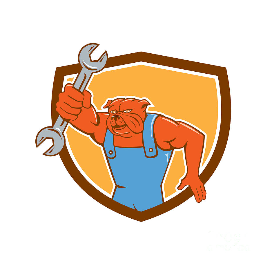 Bulldog Mechanic Holding Spanner Shield Cartoon Digital Art By Aloysius 