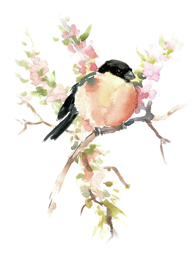 Bird Painting - Bullfinch in the Spring by Suren Nersisyan