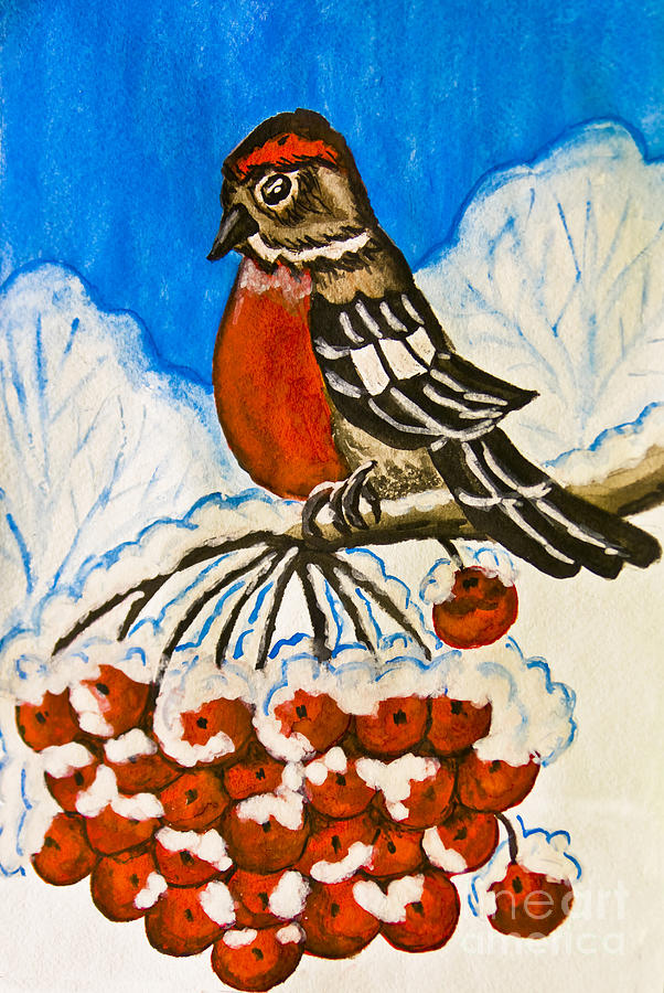 Bullfinch on branch of ashberry tree, painting Painting by Irina Afonskaya