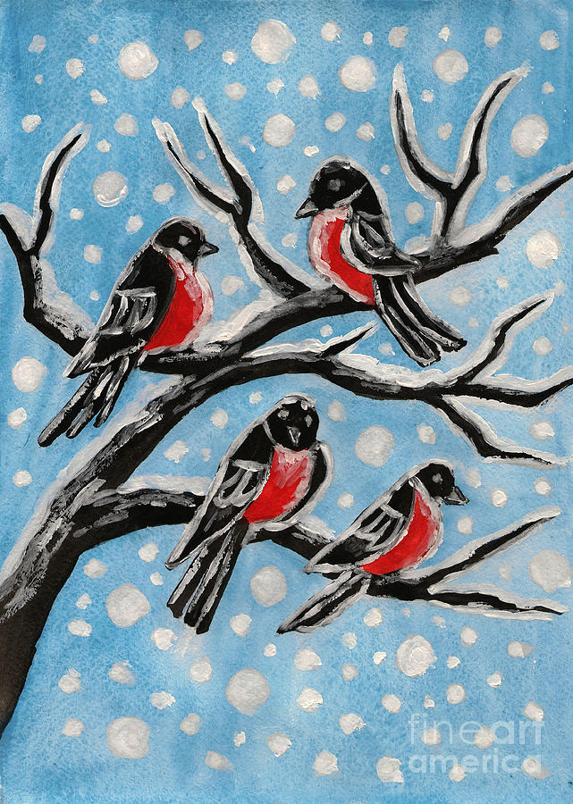Bullfinches on branch, painting Painting by Irina Afonskaya