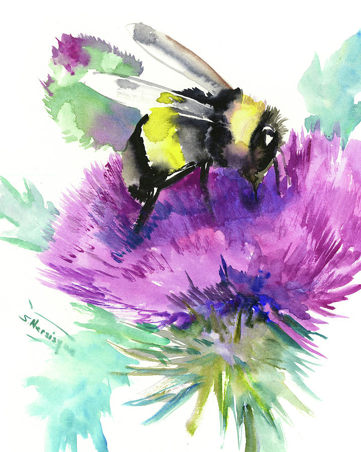 Bumbelbee and Thistle Herb flower Painting by Suren Nersisyan