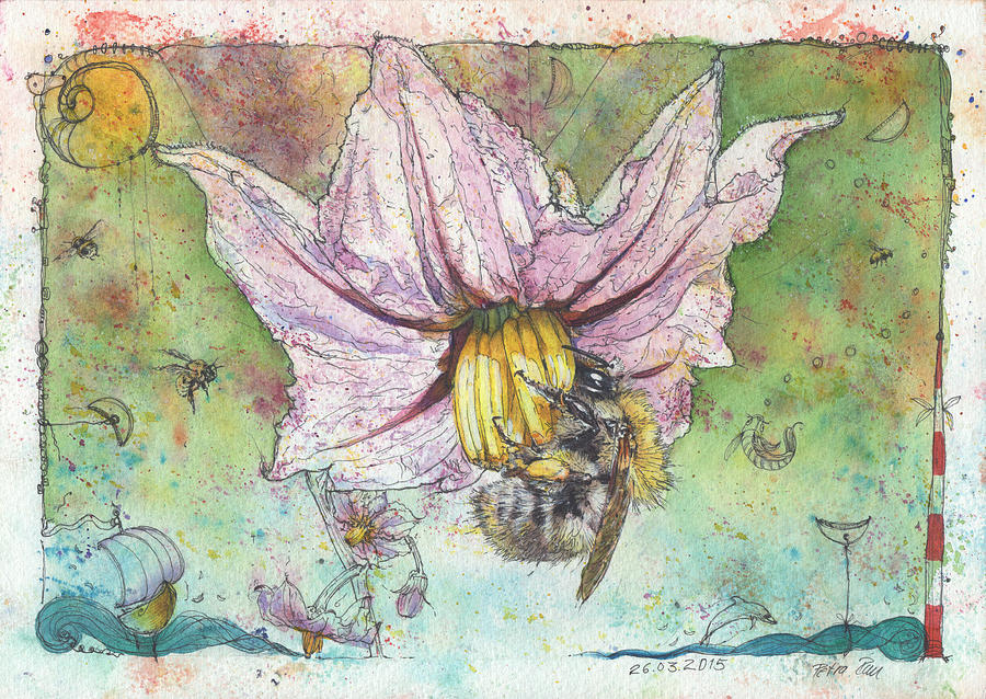 Bumble-Bee and Aubergine-Flower Painting by Petra Rau