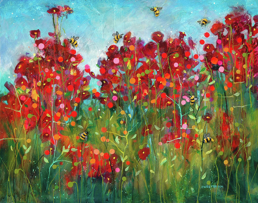 Bumblebees and Poppies Painting by Cynthia Westbrook