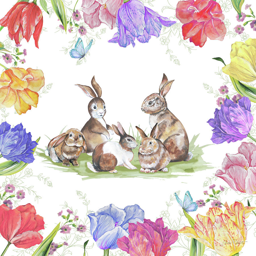 Bunnies In The Tulips-A Painting by Jean Plout