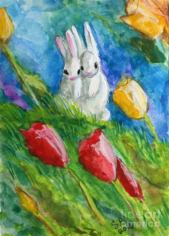 Bunnies in the Tulips Painting by Follow Themoonart Bunnies in the Tulips Painting by Follow Themoonart