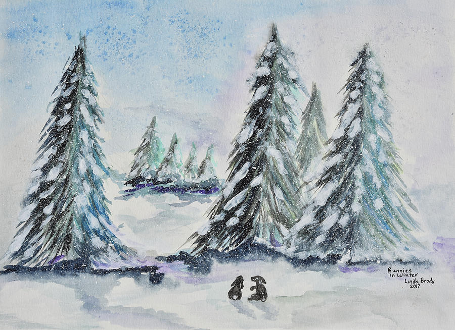 Bunnies in Winter Watercolor Painting by Linda Brody