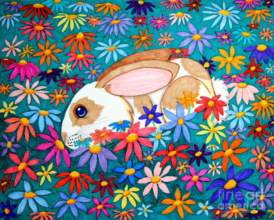 Rabbit Drawing - Bunny and flowers by Nick Gustafson