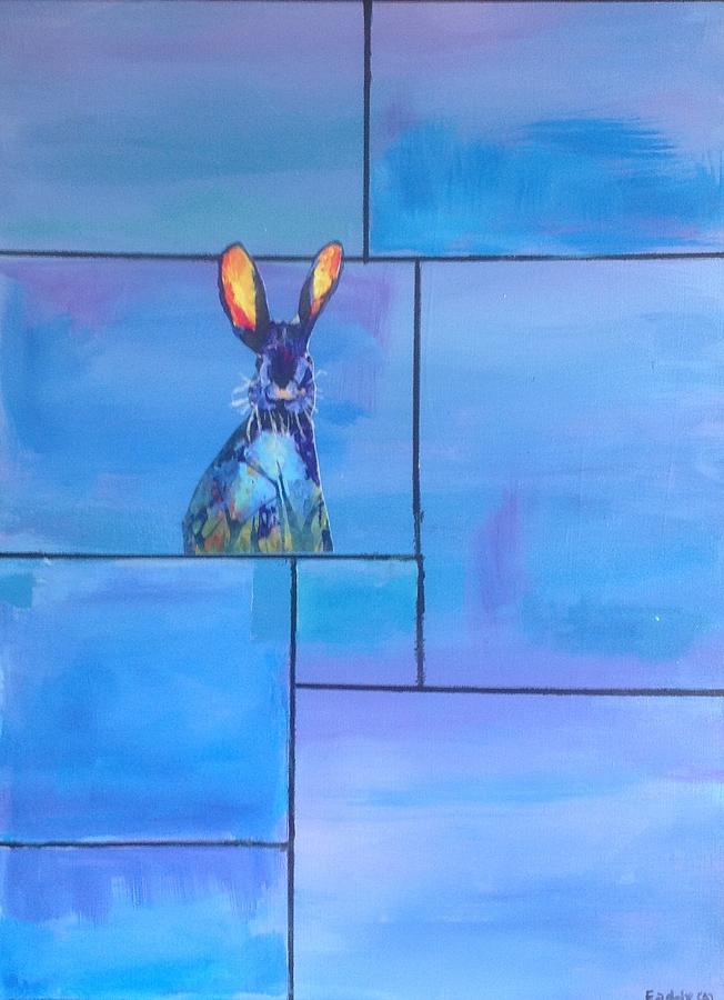 Bunny Hiding in a Series of Blue And Lavender Rectangles Painting by Morris Eaddy