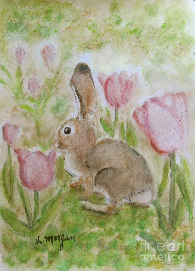 Bunny in the Tulips Painting by Laurie Morgan