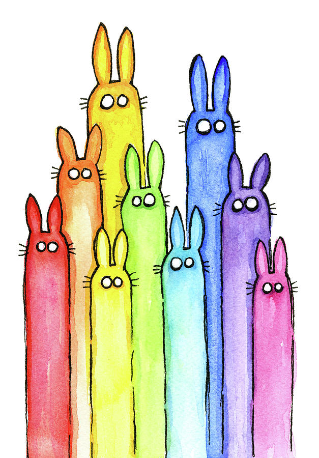 Baby Painting - Bunny Rabbits Watercolor Rainbow by Olga Shvartsur