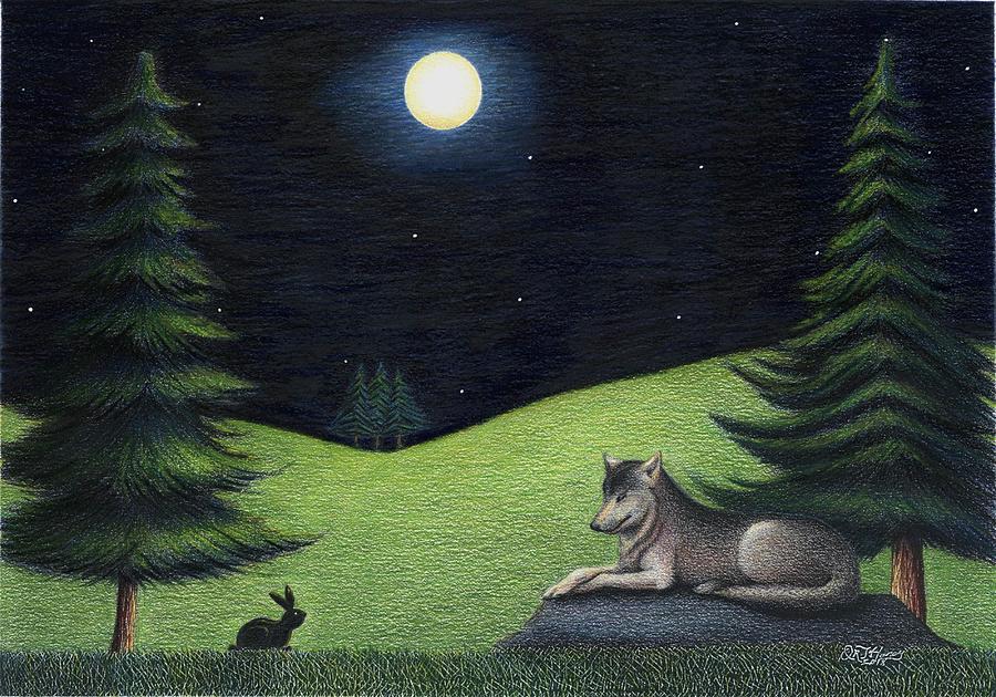 Nature Drawing - Bunny Visits Wolf by Danielle R T Haney