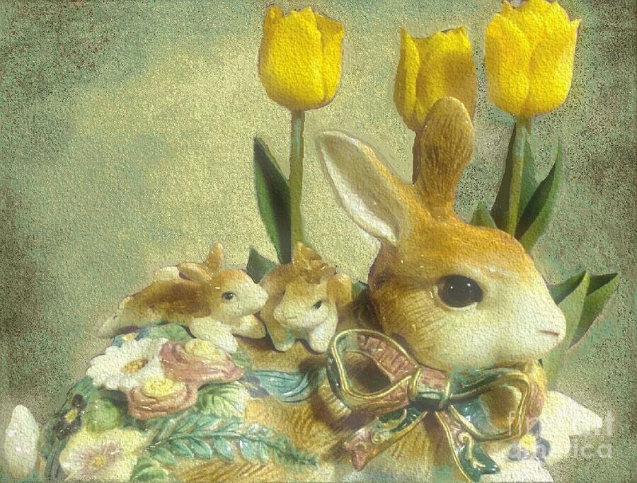 Easter Photograph - Bunny with Yellow Tulips by Janette Boyd