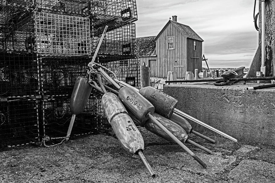 Buoys and Lobster Traps Motif #1 Rockport MA Black and White Photograph by Toby McGuire