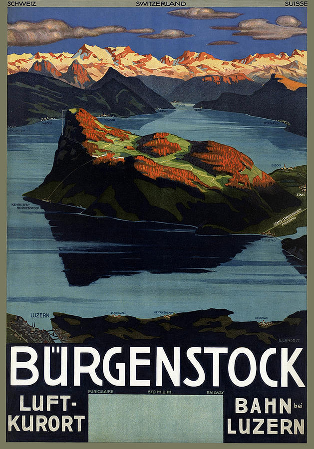 Vintage Mixed Media - Burgenstock - Lake Lucerne - Switzerland - Retro Poster - Vintage Travel Advertising Poster by Studio Grafiikka