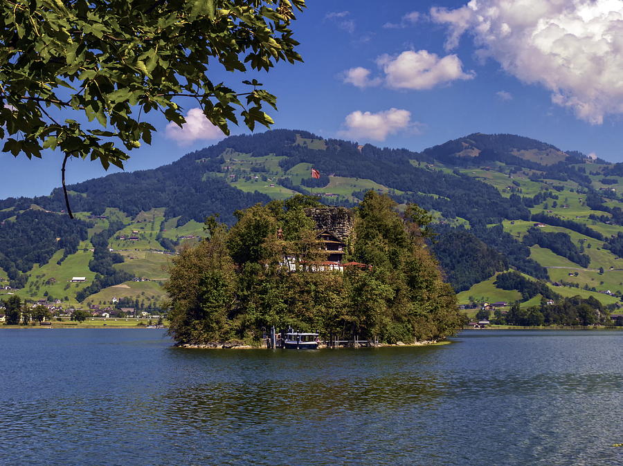 Burgruine castle on Schwanau island in lake Lauerz, Schwyz, Switzerland Photograph by Elenarts - Elena Duvernay photo