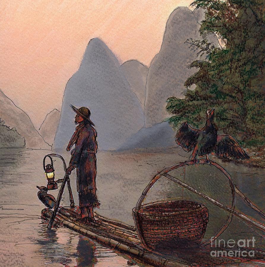 China Painting - Li River Night Fisherman by Randy Sprout