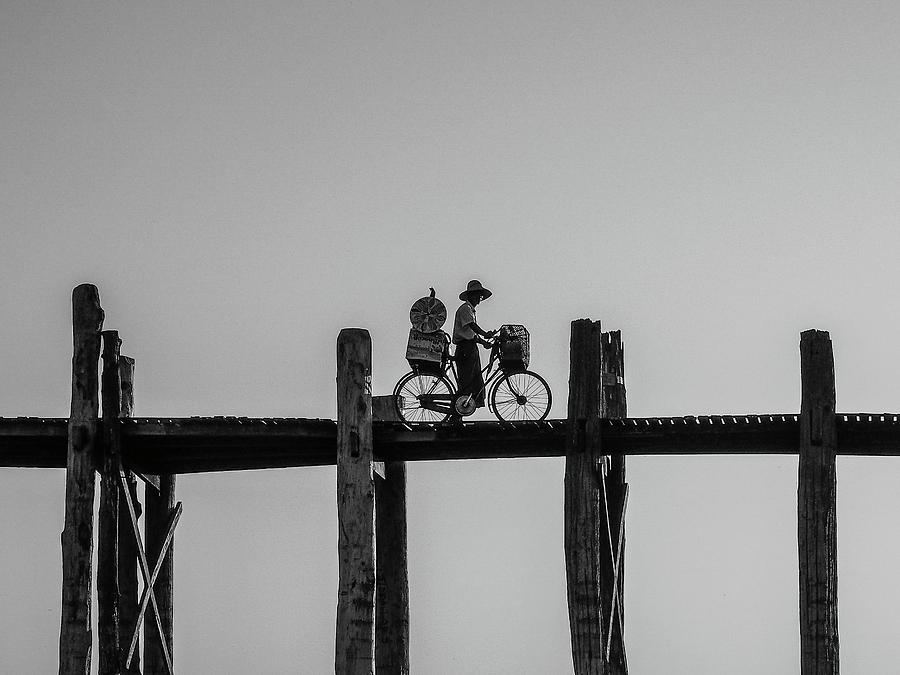 Sunset Photograph - Burmese Man Crosses Ubein Bridge on Bicycle Myanmar by Alex Earll